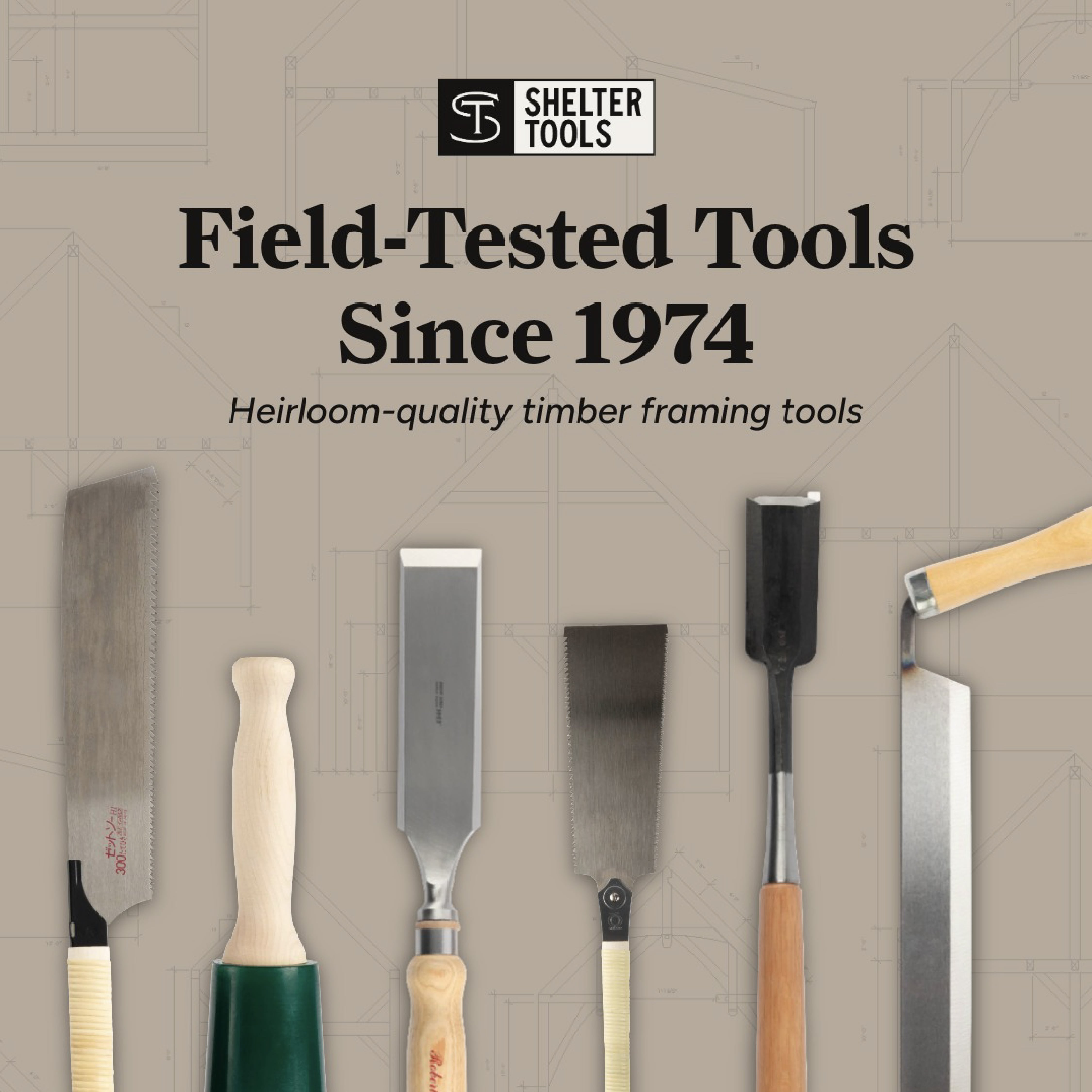 Shelter Tools Japanese saws and chisels arranged for a paid social ad creative