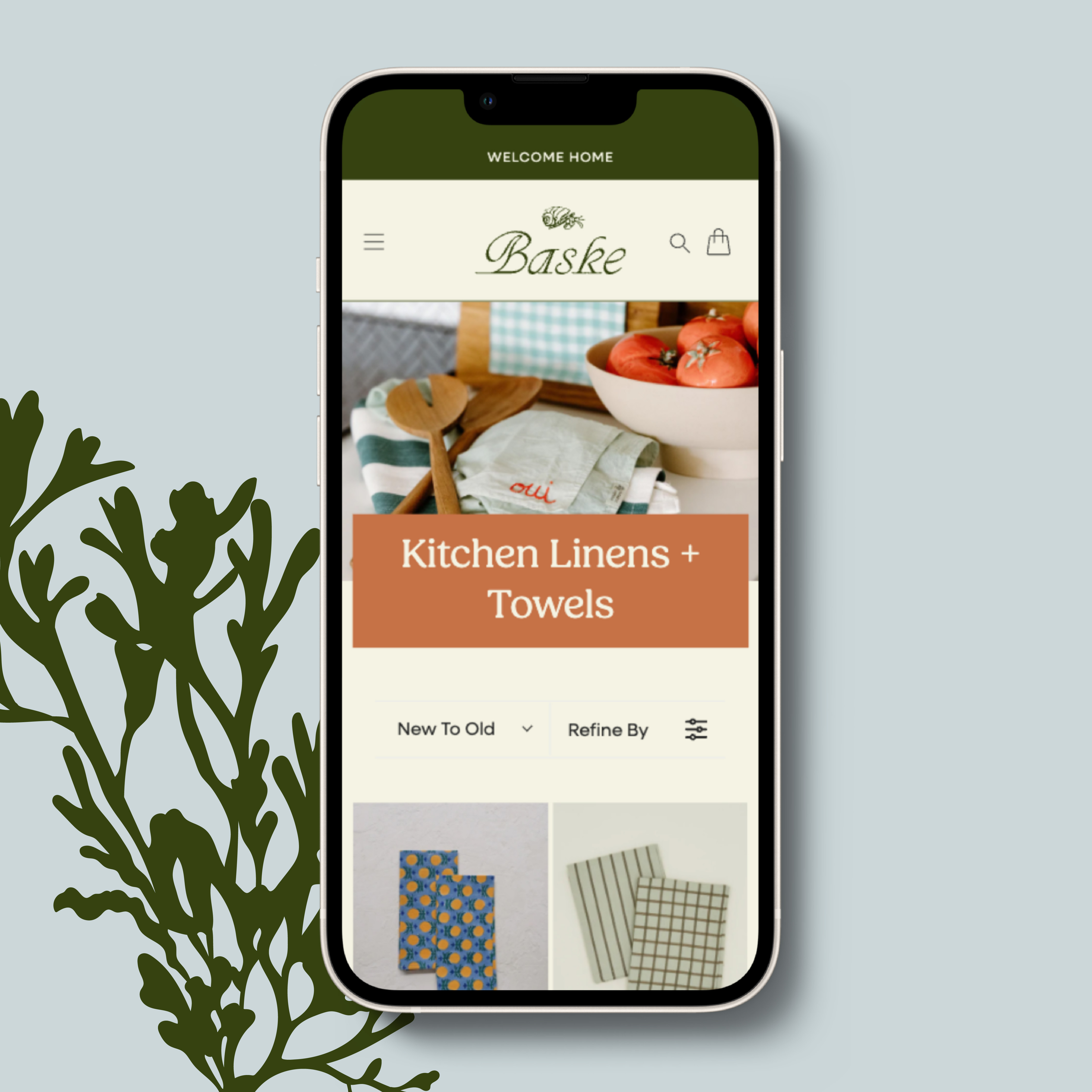 Baske home goods branded packaging featuring the hermit-crab motif and coastal palette