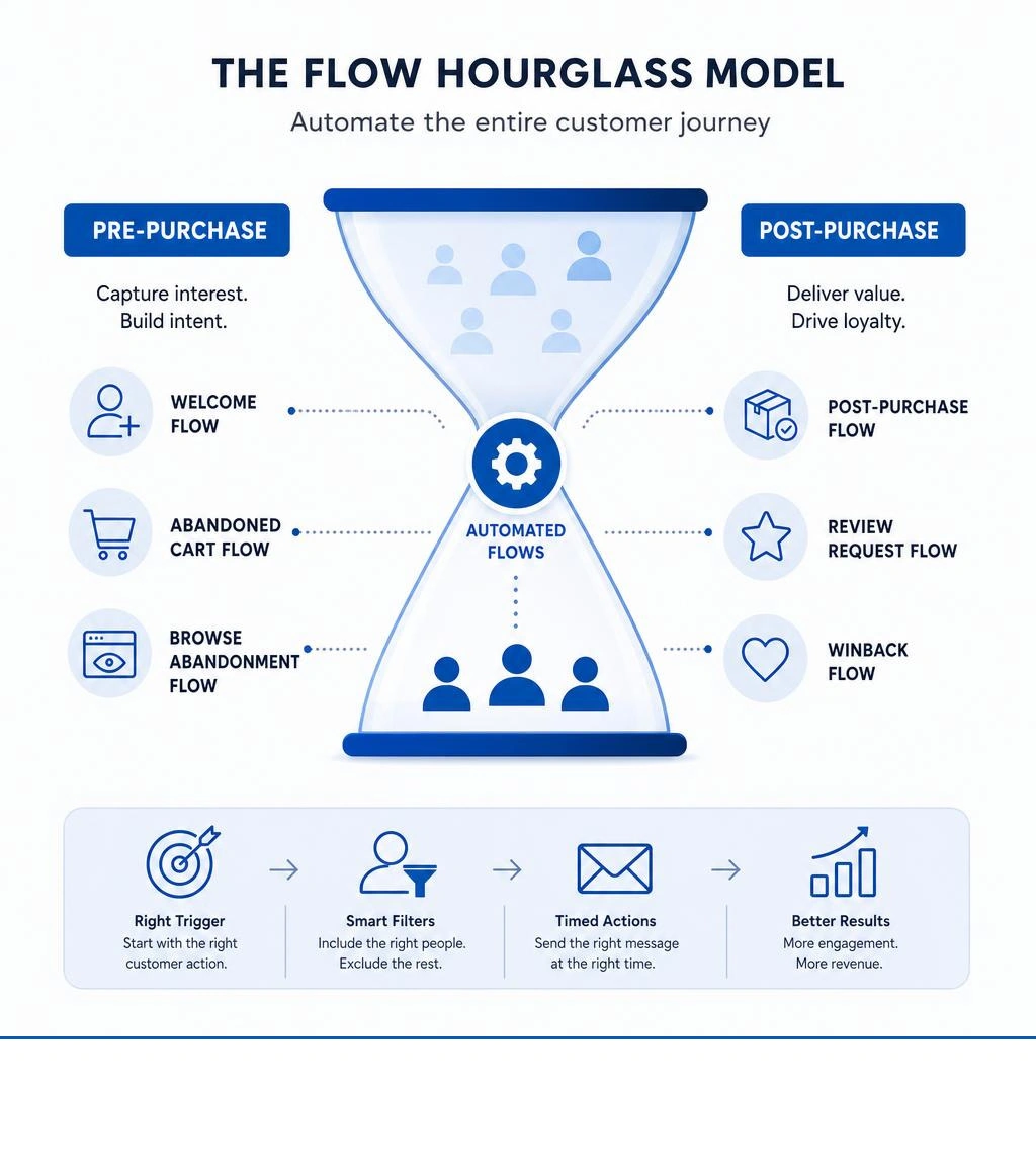 Flow hourglass model showing pre-purchase and post-purchase automation stages with key flow types infographic