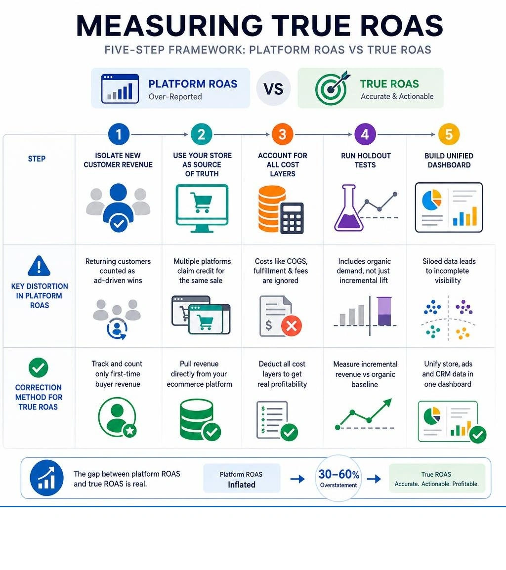 Five-step framework comparing platform ROAS vs true ROAS with key distortion factors and correction methods infographic Five-step framework comparing platform ROAS vs true ROAS with key distortion factors and correction methods infographic