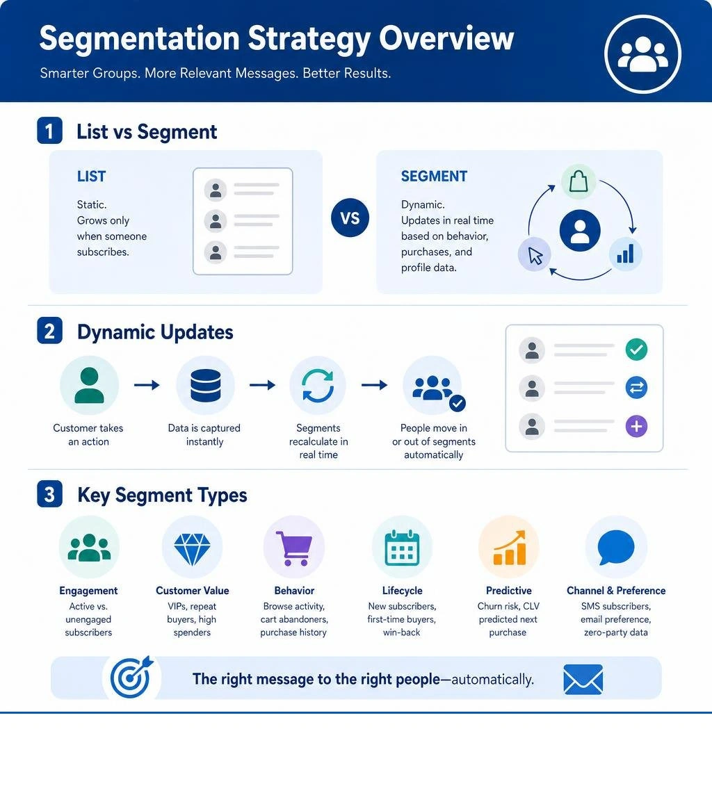 Klaviyo segmentation strategy overview: list vs segment differences, dynamic updates, and key segment types infographic Klaviyo segmentation strategy overview: list vs segment differences, dynamic updates, and key segment types infographic