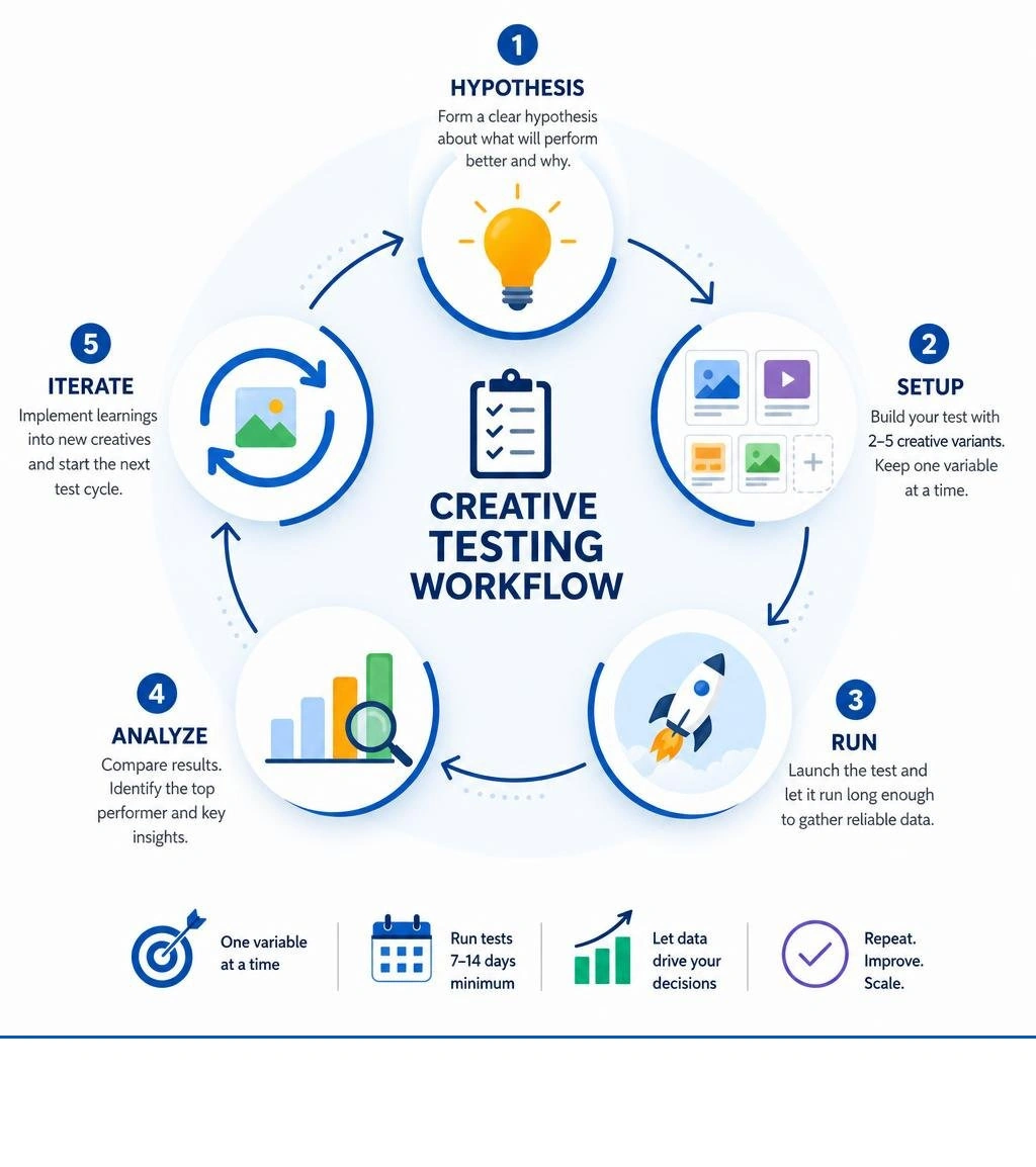 Creative testing workflow infographic: hypothesis, setup, run, analyze, iterate infographic Creative testing workflow infographic: hypothesis, setup, run, analyze, iterate infographic