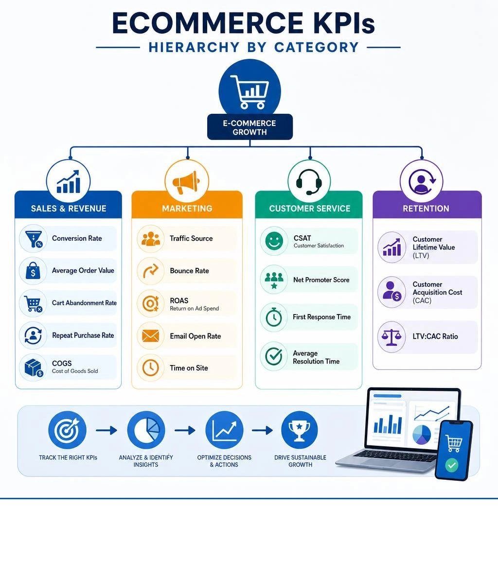 Ecommerce KPIs hierarchy by category: sales, marketing, customer service, and retention metrics infographic Ecommerce KPIs hierarchy by category: sales, marketing, customer service, and retention metrics infographic
