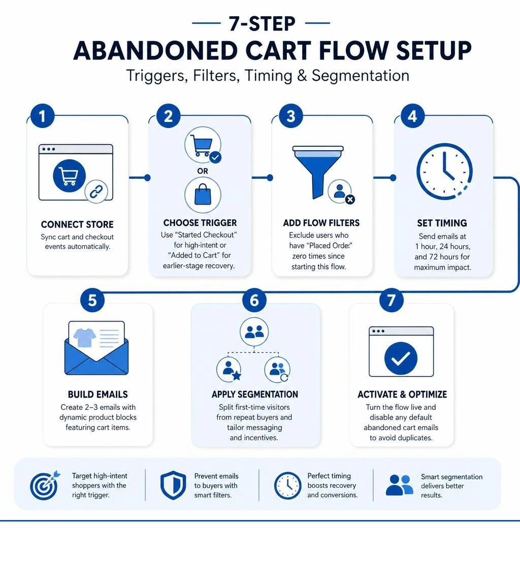 7-step Klaviyo abandoned cart flow setup process with triggers, filters, timing, and segmentation infographic 7-step Klaviyo abandoned cart flow setup process with triggers, filters, timing, and segmentation infographic