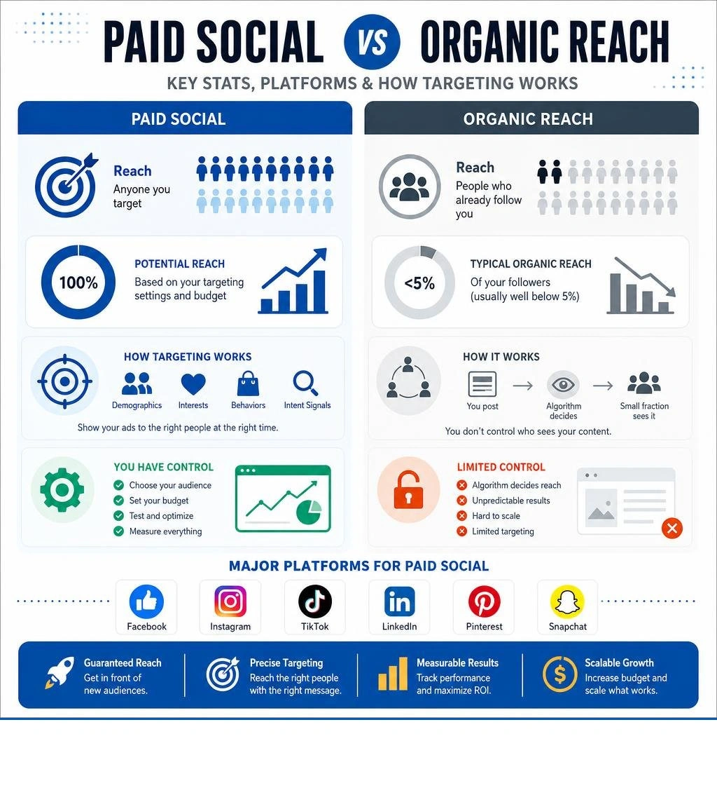 Paid social vs organic reach comparison infographic showing key stats, platforms, and how targeting works infographic