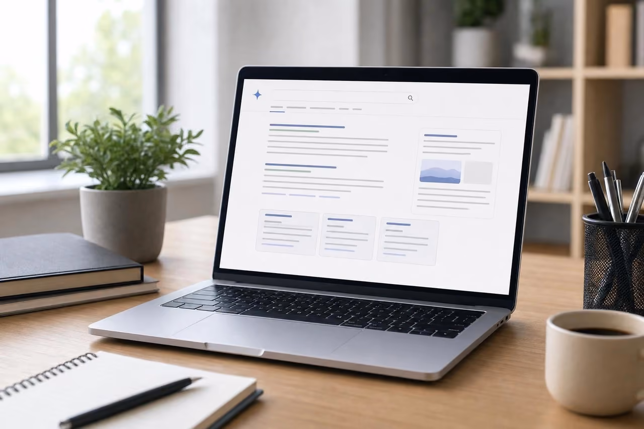 AI overview search results on a laptop screen in a modern workspace