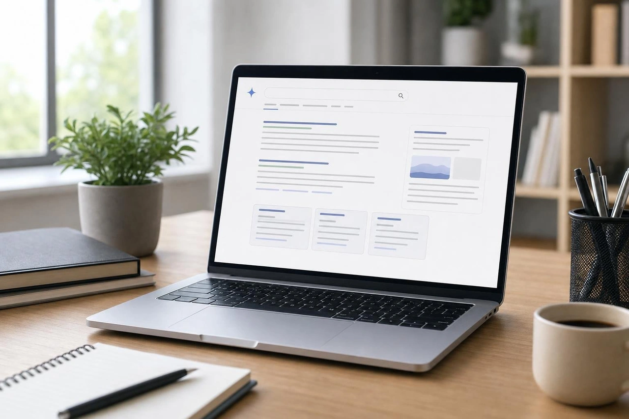 AI overview search results on a laptop screen in a modern workspace