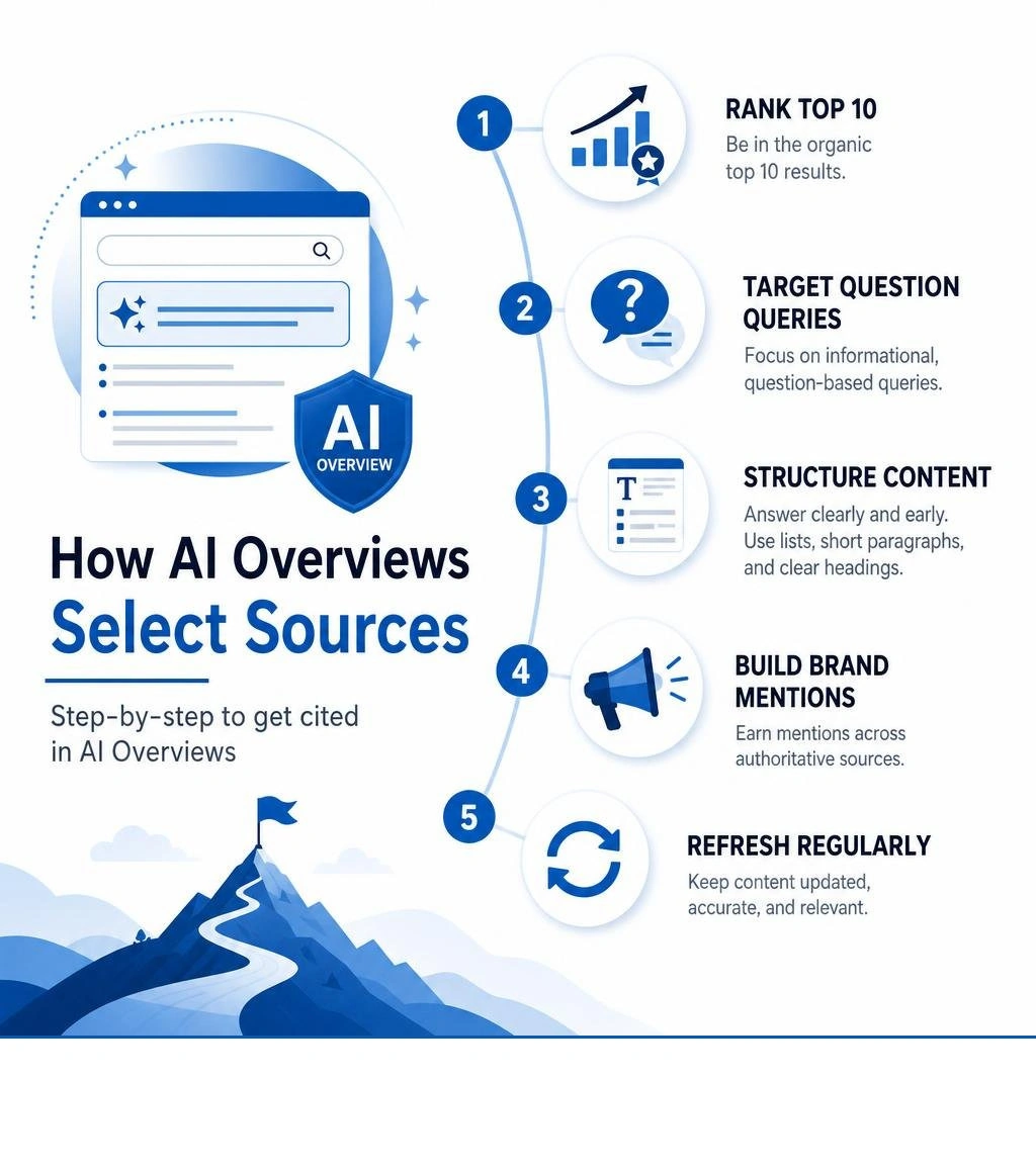 Step-by-step infographic showing how AI Overviews select sources: rank top 10, target question queries, structure content