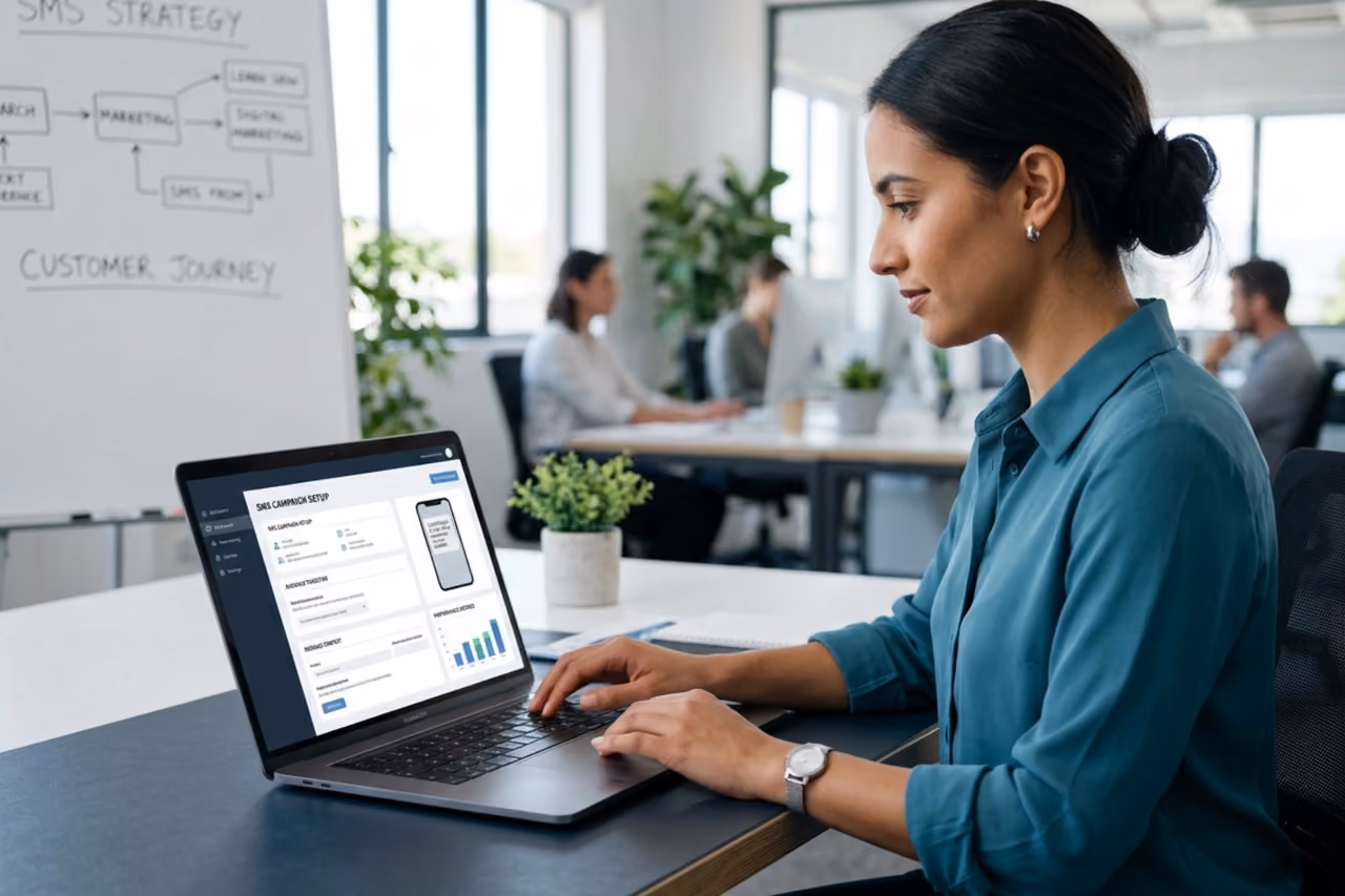 Klaviyo SMS marketing setup on a laptop in a modern ecommerce workspace