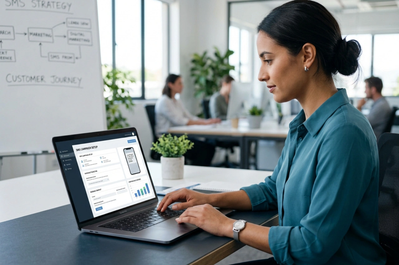 Klaviyo SMS marketing setup on a laptop in a modern ecommerce workspace