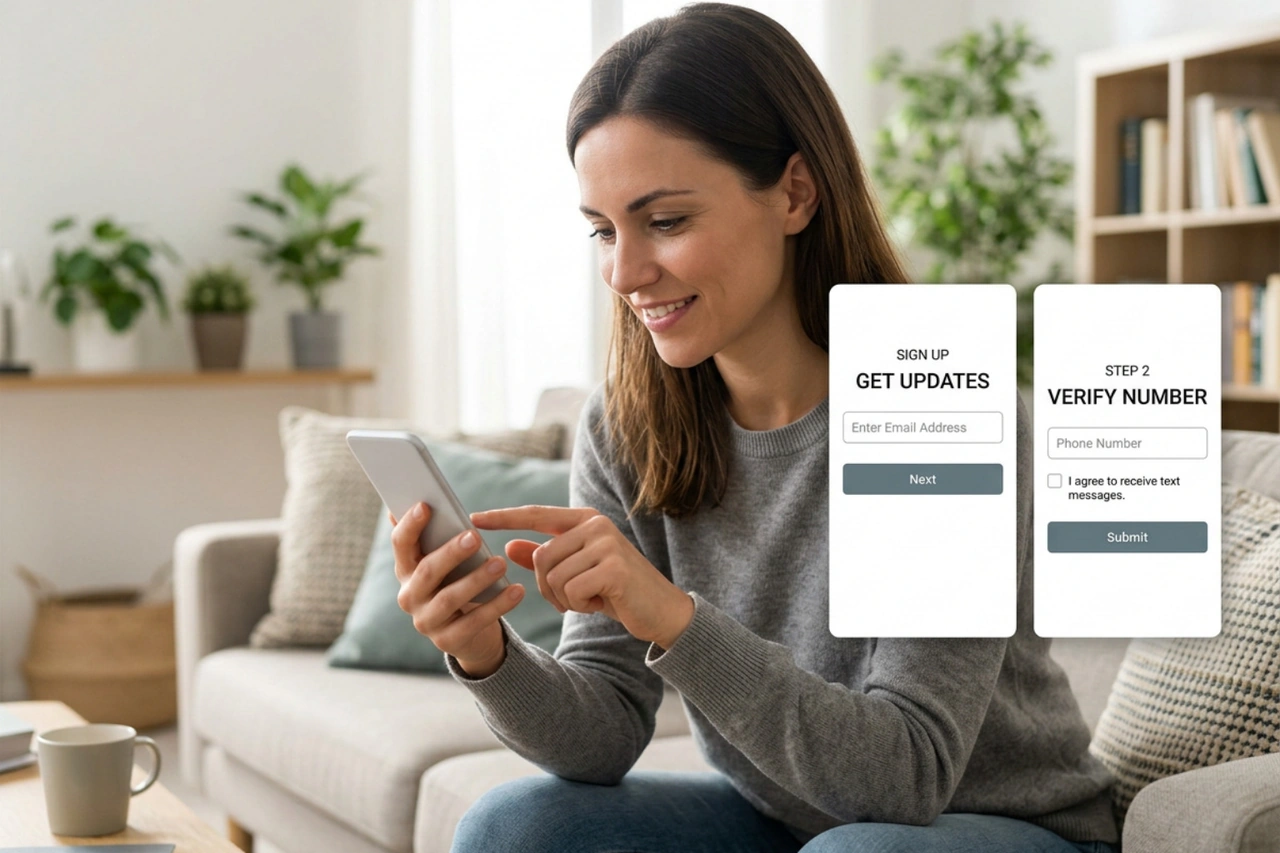 Multi-step sign-up form collecting email on step one and SMS consent on step two