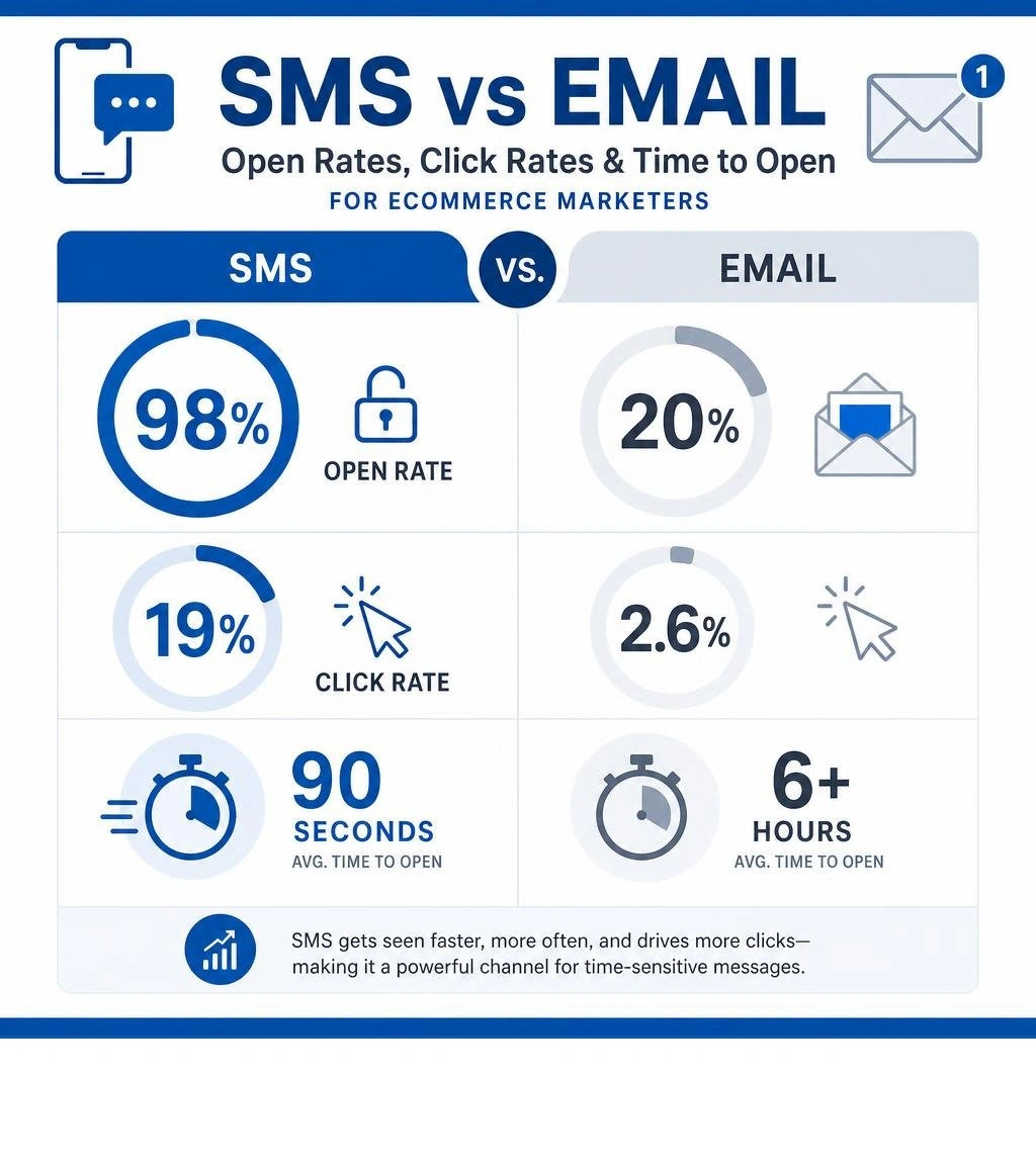 Infographic comparing SMS vs email open rates, click rates, and time to open for ecommerce marketers infographic