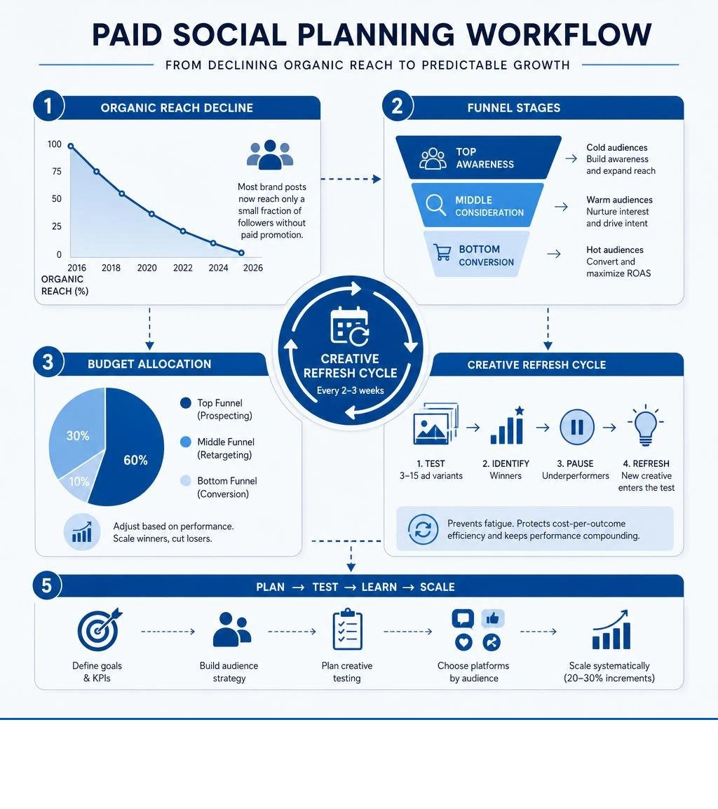 Paid social planning workflow showing organic reach decline, funnel stages, budget allocation, and creative refresh cycle Paid social planning workflow showing organic reach decline, funnel stages, budget allocation, and creative refresh cycle