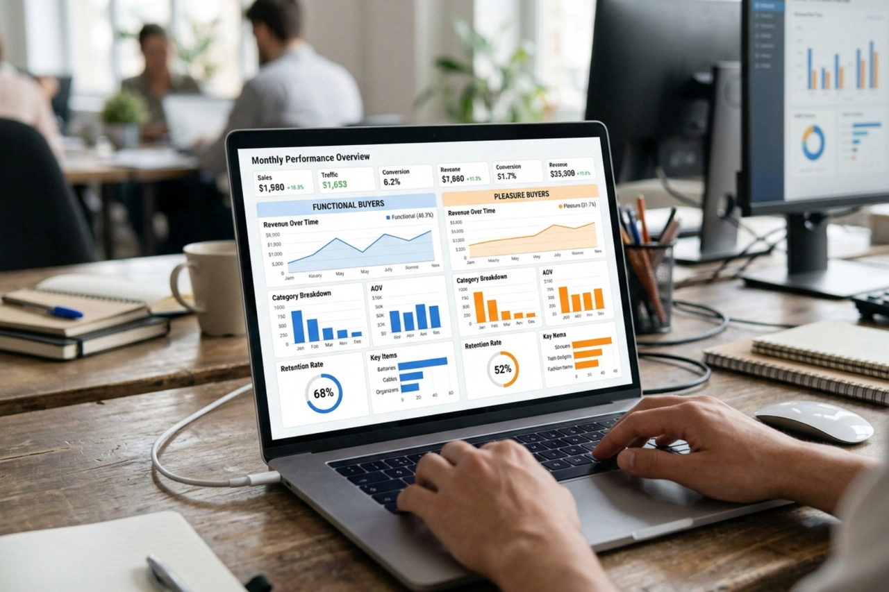 Shopify customer behavioral segmentation dashboard showing functional versus pleasure buyers Shopify customer behavioral segmentation dashboard showing functional versus pleasure buyers