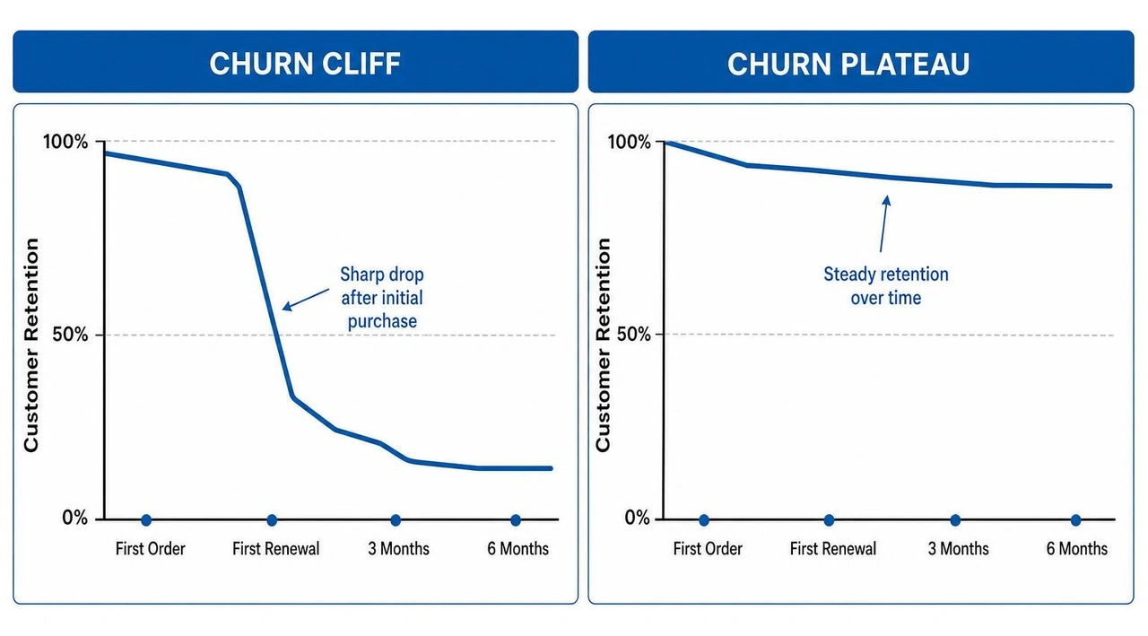 diagram showing the sharp drop of the churn cliff vs the steady retention of the churn plateau diagram showing the sharp drop of the churn cliff vs the steady retention of the churn plateau