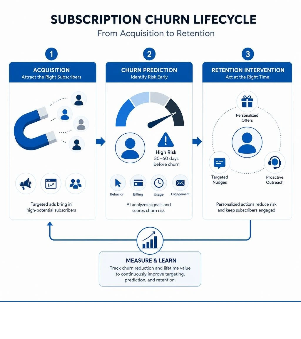 subscription churn lifecycle from acquisition through churn prediction to retention intervention infographic subscription churn lifecycle from acquisition through churn prediction to retention intervention infographic