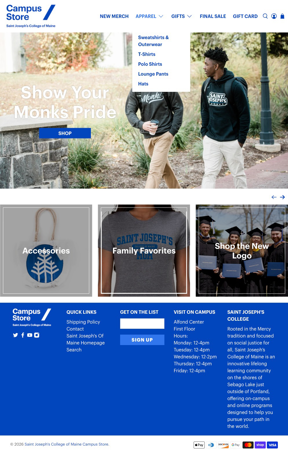 Saint Joseph's College of Maine campus store homepage showing Monks apparel and gifts
