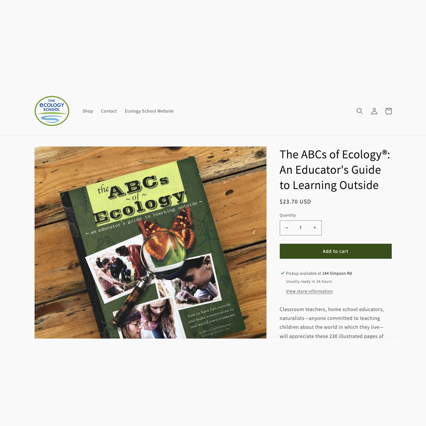 A customized product page on The Ecology School's Shopify store showing The ABCs of Ecology