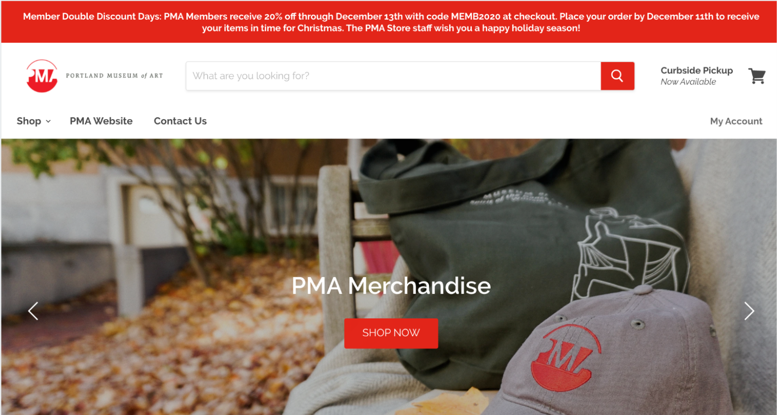 The Portland Museum of Art store's Shopify homepage, with curbside pickup offered in the header