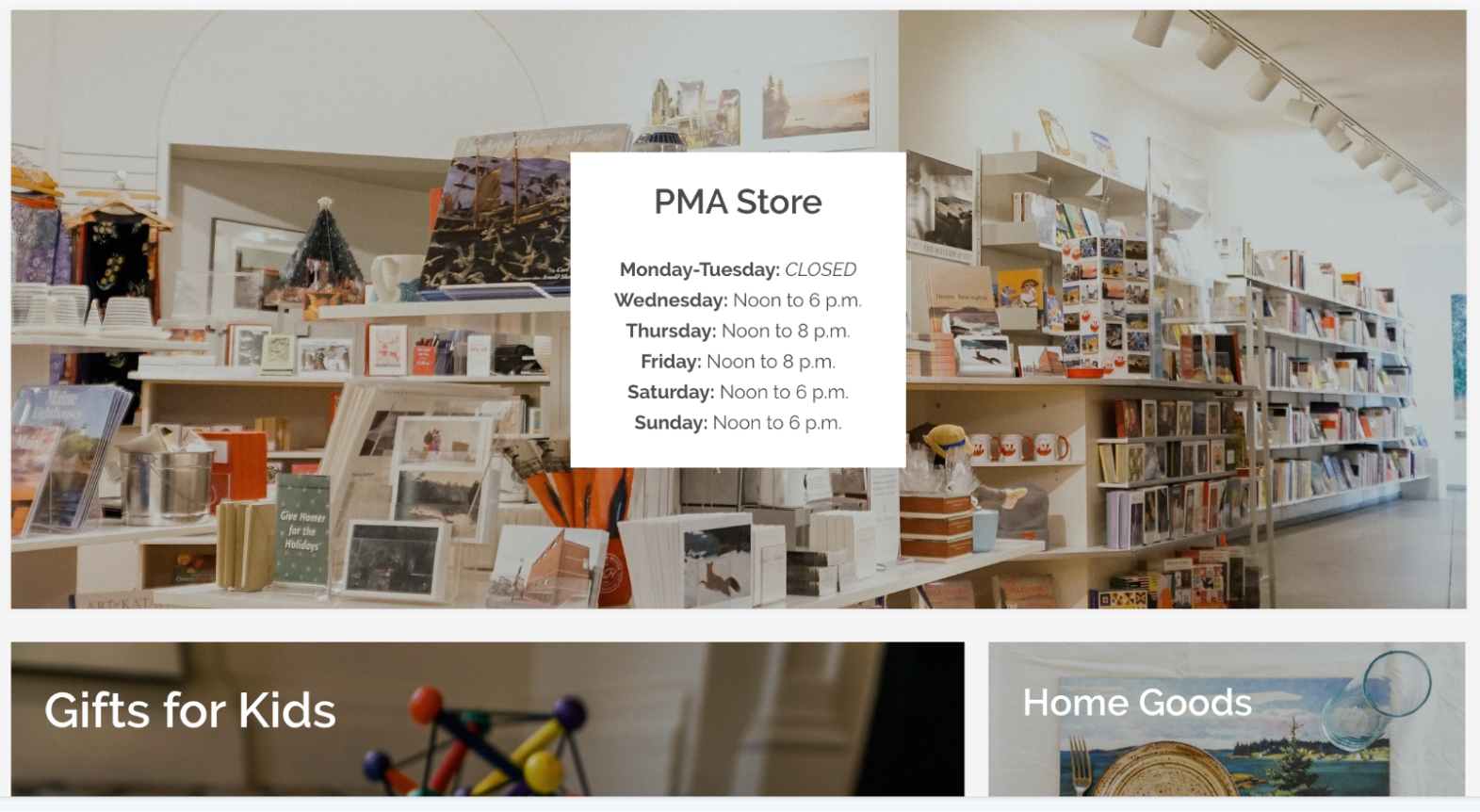 The museum store's Shopify homepage showing store hours and the Gifts for Kids and Home Goods collections