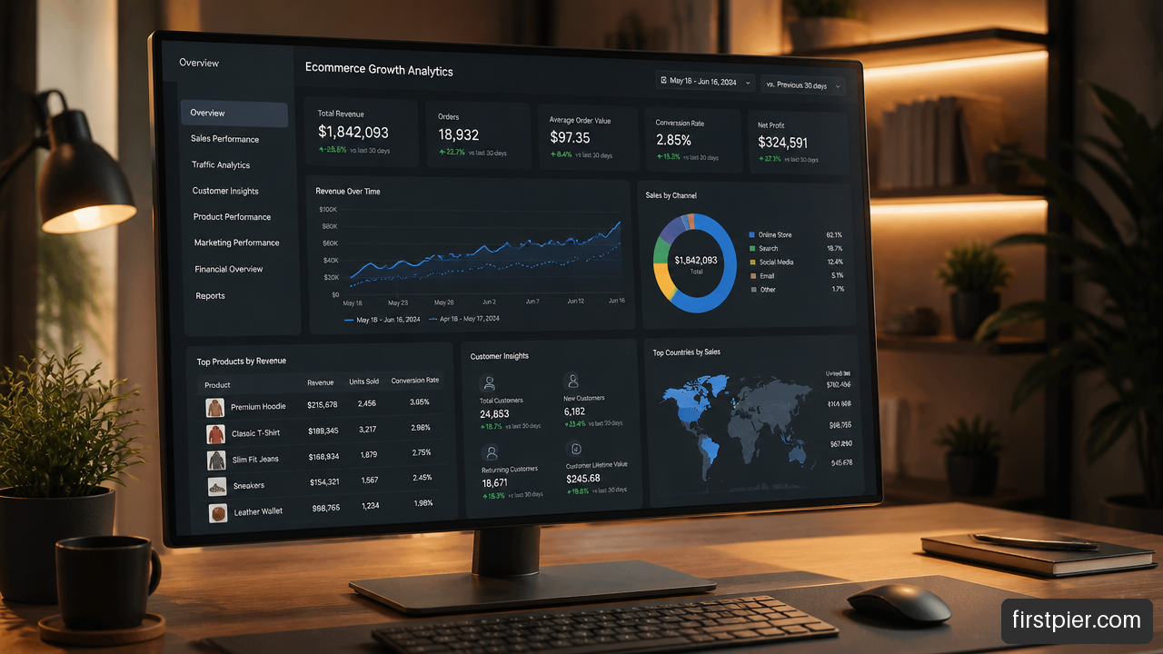 Shopify growth strategy framework analytics dashboard showing ecommerce performance metrics