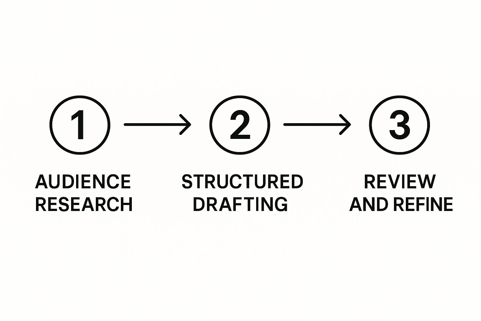 Infographic showing a process flow of audience research, structured drafting, and review/refine.