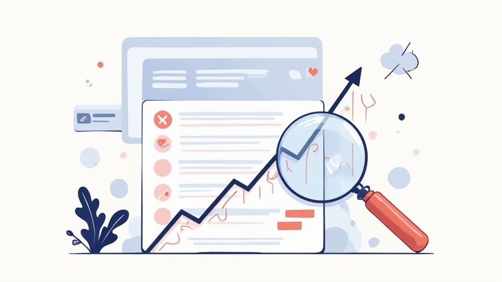 Illustration showing a magnifying glass over a bar chart, symbolizing search engine optimization and data-driven content strategy.