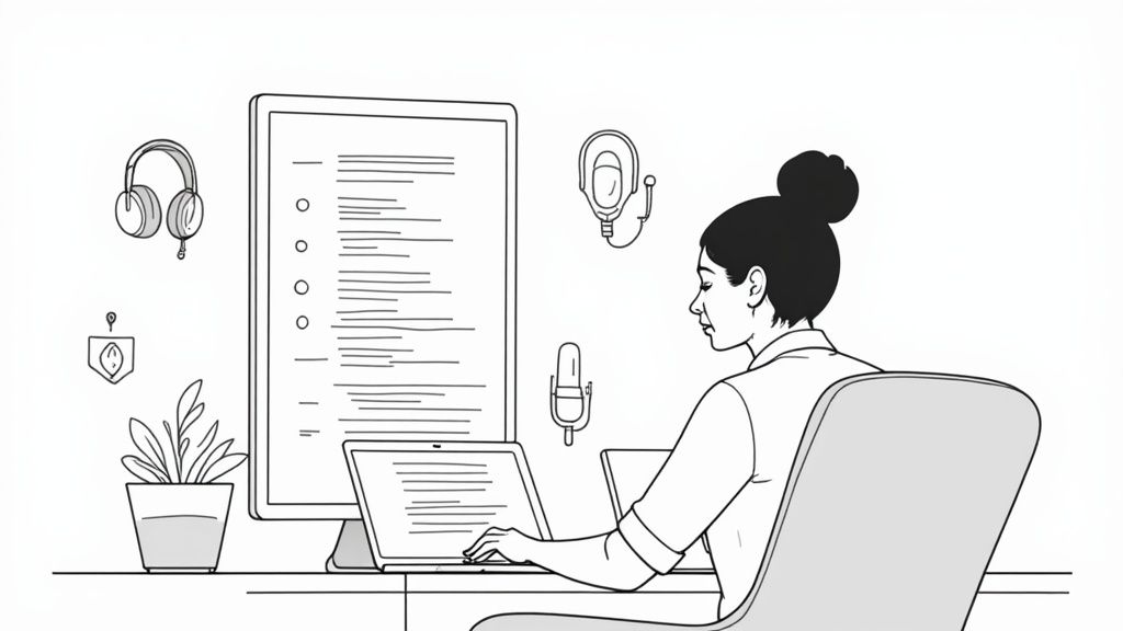 A B2B professional confidently recording a podcast episode, symbolizing a strong foundation for guest appearances.