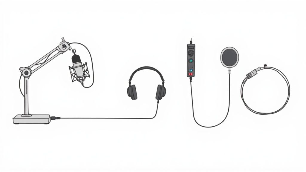 A professional podcasting setup with a microphone, headphones, and laptop.