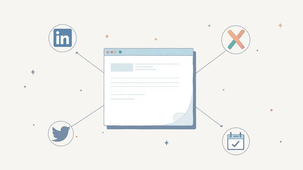 Social media icons arranged around a central content piece, illustrating a distribution network.