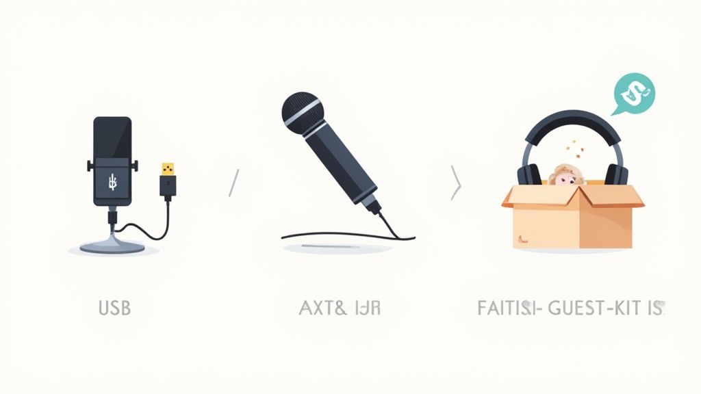 A professional microphone with a pop filter set up for a remote podcast recording.