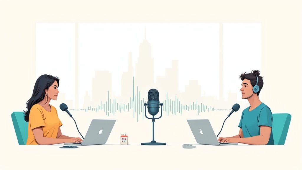 A person with headphones and a professional microphone recording a podcast remotely from a home office setup.