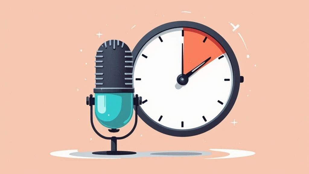 A podcaster speaking into a microphone with audio waveform graphics in the background, illustrating the concept of podcast length.