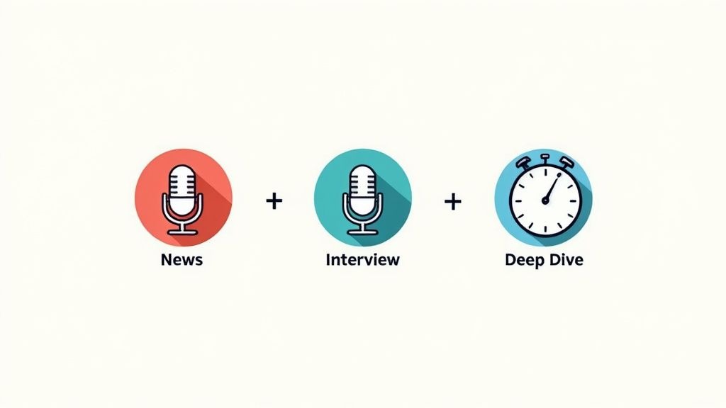 A variety of podcast cover art styles arranged in a collage, representing different genres.