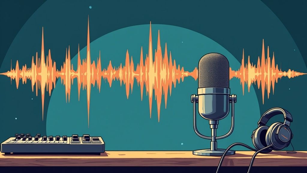 A close-up of a professional podcasting microphone.