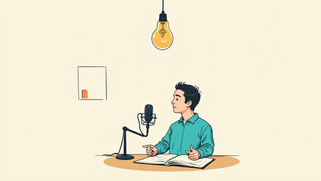 A podcast host speaking into a professional microphone.