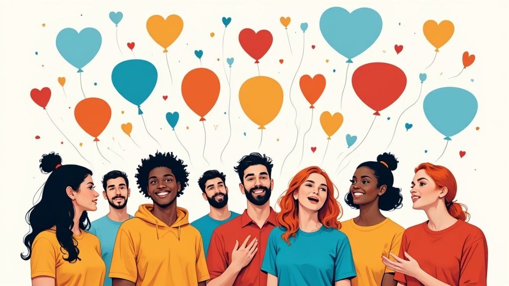 A group of diverse people engaging in a lively discussion, representing a podcast community.