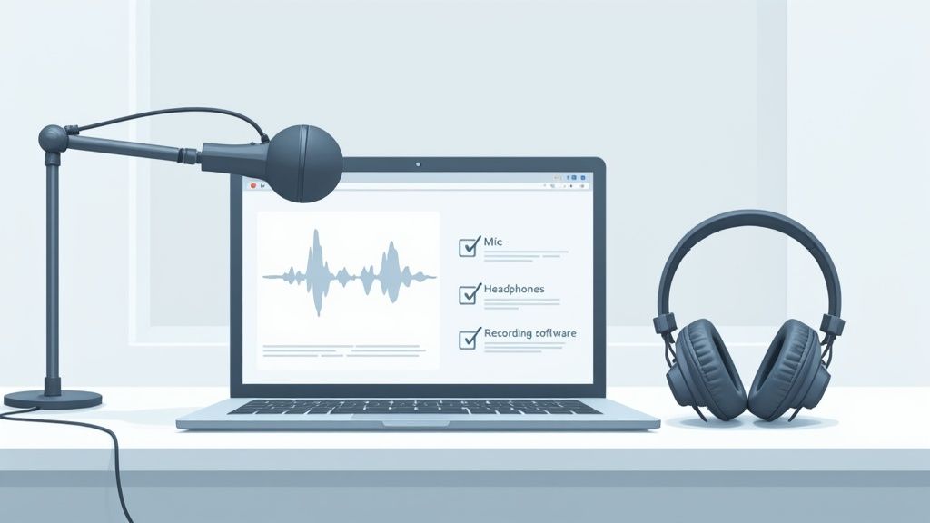 A professional podcasting setup with a microphone, headphones, and audio interface on a desk.