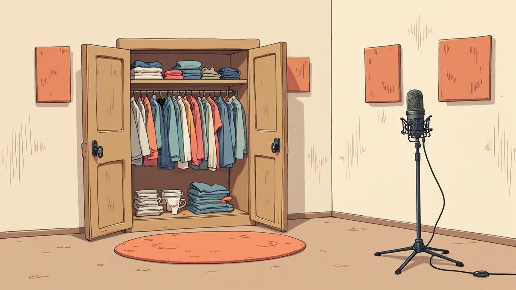 A quiet, well-treated room set up for podcast recording, with soft furnishings and acoustic panels on the wall.