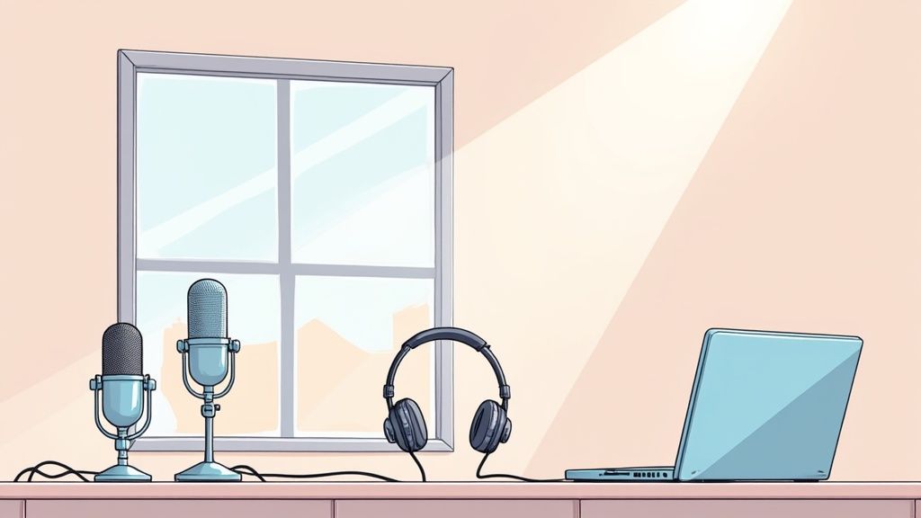 A person sitting at a desk with a professional microphone and headphones, recording a podcast remotely.