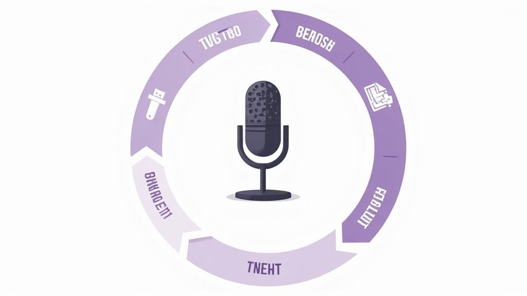 A person using a laptop with podcast marketing analytics on the screen.