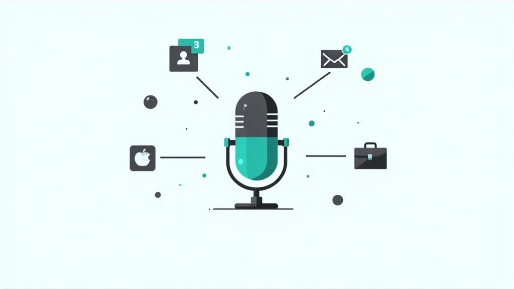 A person speaking into a professional podcasting microphone in a studio setting.