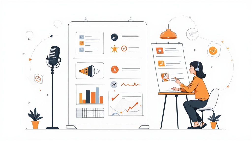 A podcast host speaking into a professional microphone in a recording studio.