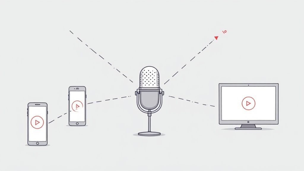 Woman listening to a podcast on her phone while walking in a city