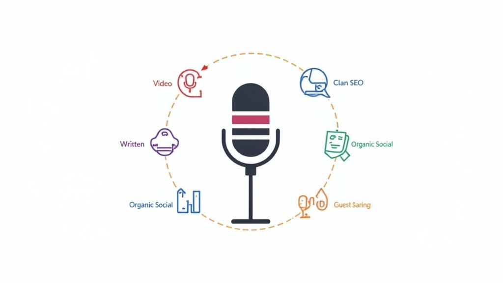 A podcast host speaking into a professional microphone, with a laptop and sound mixing board visible, representing a well-executed B2B podcast strategy.