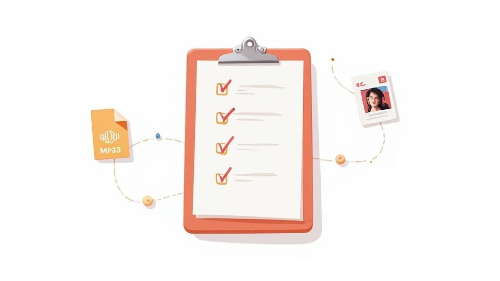 A checklist on a clipboard next to a microphone and headphones.