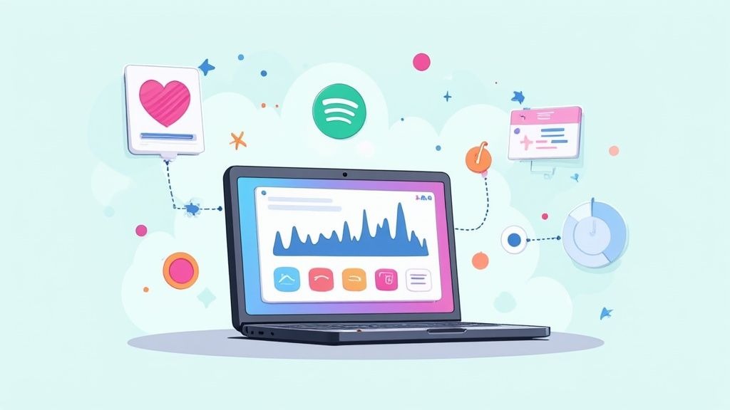 A person at a desk with multiple computer screens showing audio waveforms and podcast analytics.