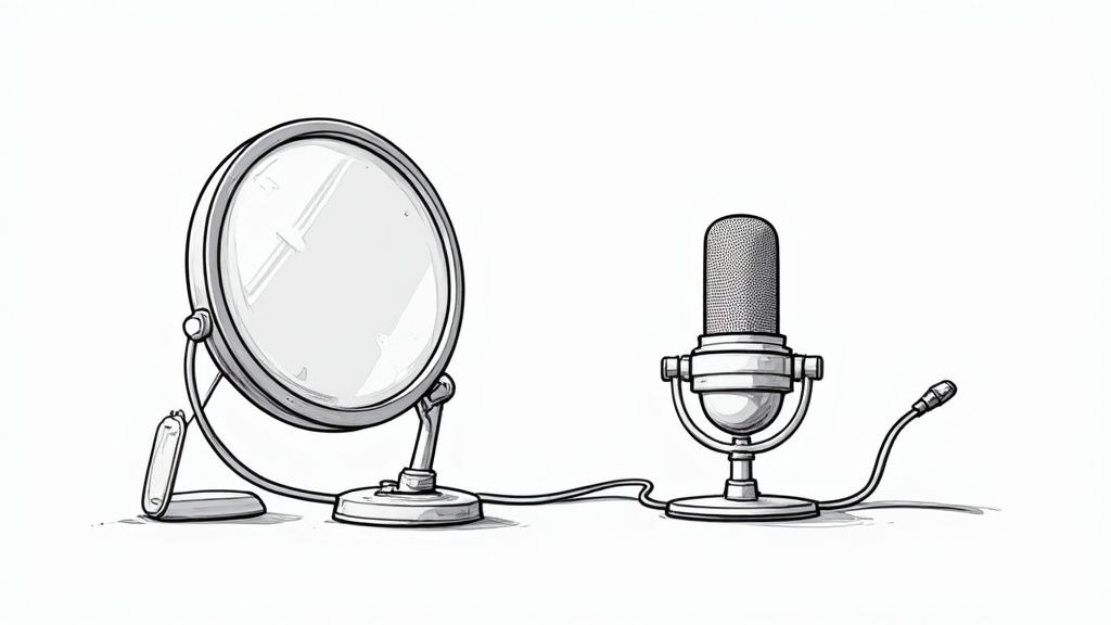 A podcast microphone setup with a pop filter, shock mount, and boom arm.