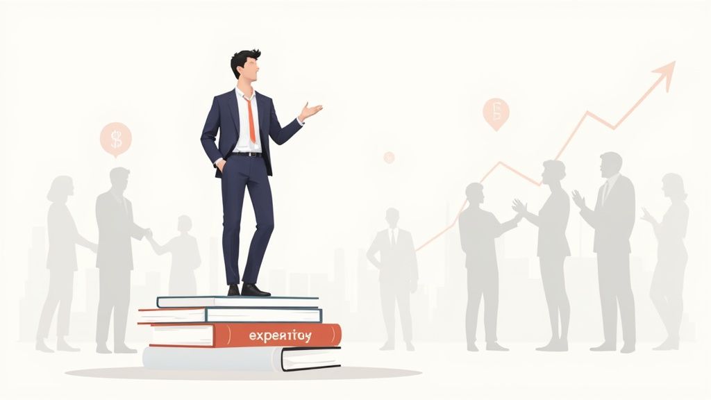 A consultant confidently presenting in a modern office, symbolizing a strong personal brand.