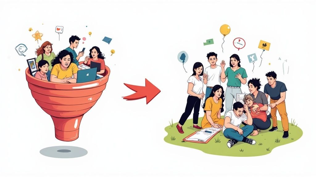 A person speaking into a podcast microphone with a blurred background, representing modern B2B content creation.